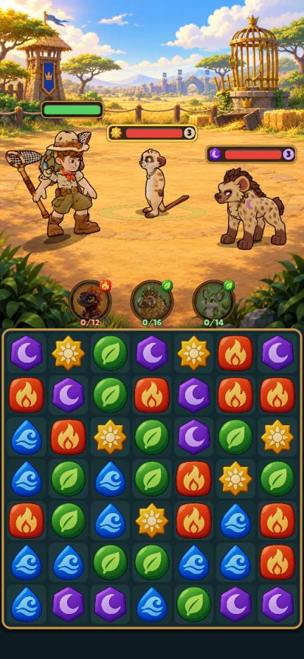 A battle: the keeper faces a meerkat, a hyena and a boar above the rune board